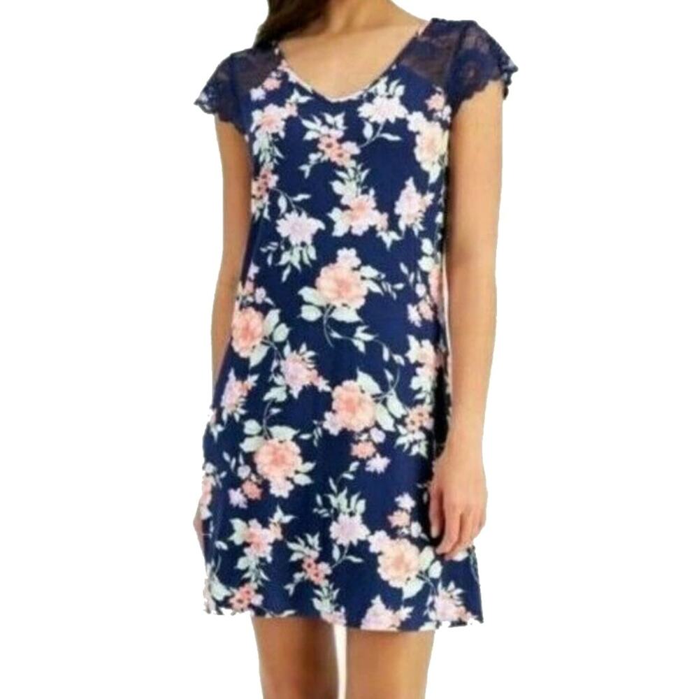 Charter Club Navy Blossoms Floral Lace-Sleeve Chemise Nightgown - XS - $49